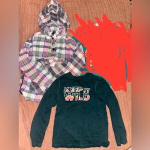 Boys’ Size 6/7 Long Sleeve Shirts: “Keep it Wild” Tee + Plaid Hooded Pullover
